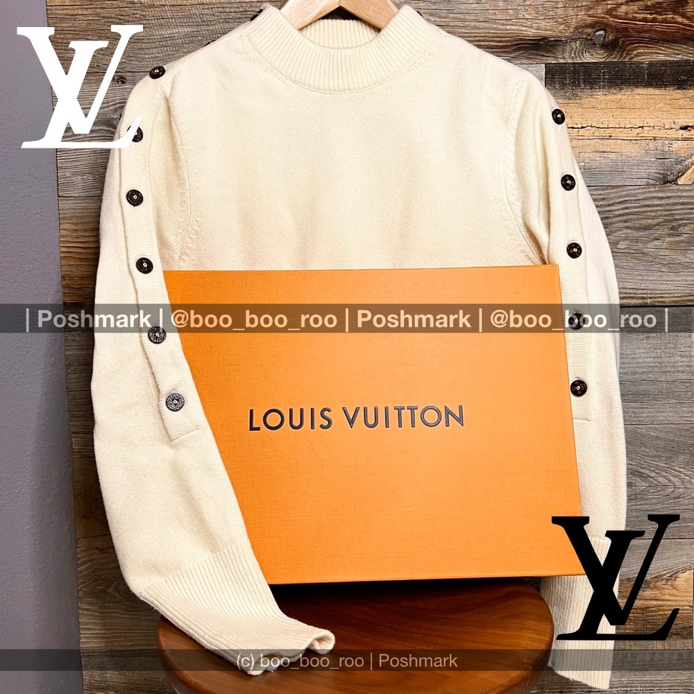 Louis Vuitton Cream Button-Lined (Neck, Shoulder, Arm) Knit Sweater, Authentic